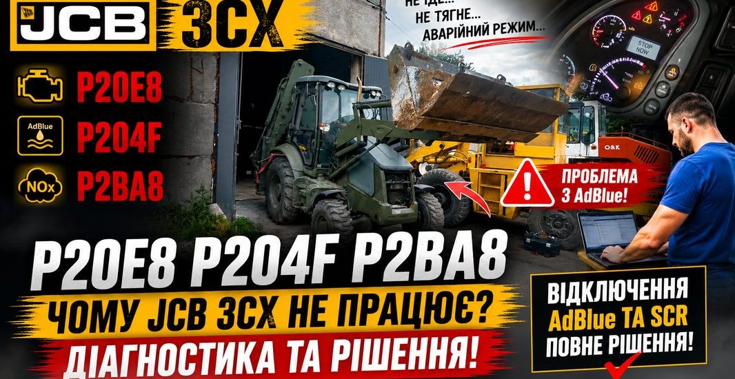 P20E8 JCB, JCB P20E8, JCB 3CX P20E8, помилка P20E8, JCB AdBlue, JCB SCR, низький тиск AdBlue, ремонт AdBlue JCB, SCR JCB, діагностика JCB, ремонт JCB, P204F JCB, P2BA8 JCB, P20EE JCB, P207F JCB, UA Service